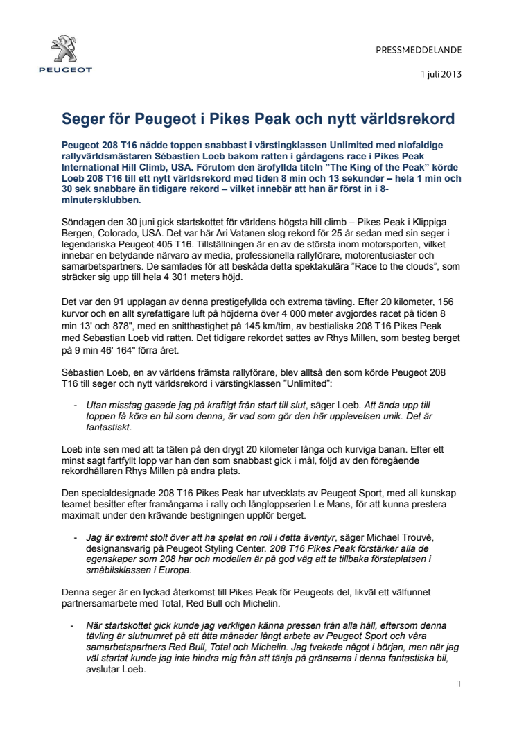 Seger för Peugeot i Pikes Peak och nytt världsrekord