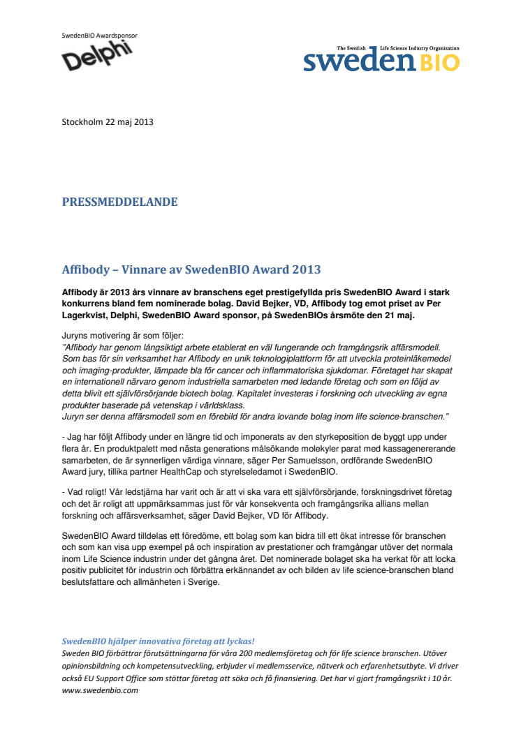 Affibody – Vinnare av SwedenBIO Award 2013
