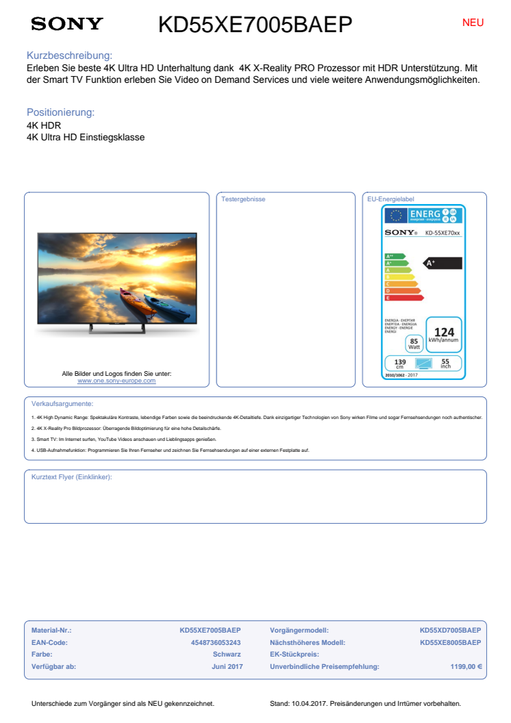 Datenblatt KD55XE7005BAEP von Sony