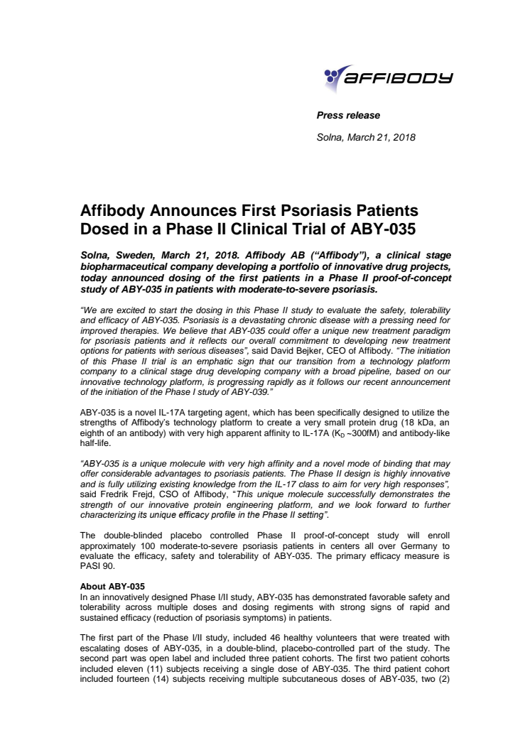 Affibody Announces First Psoriasis Patients Dosed in a Phase II Clinical Trial of ABY-035 