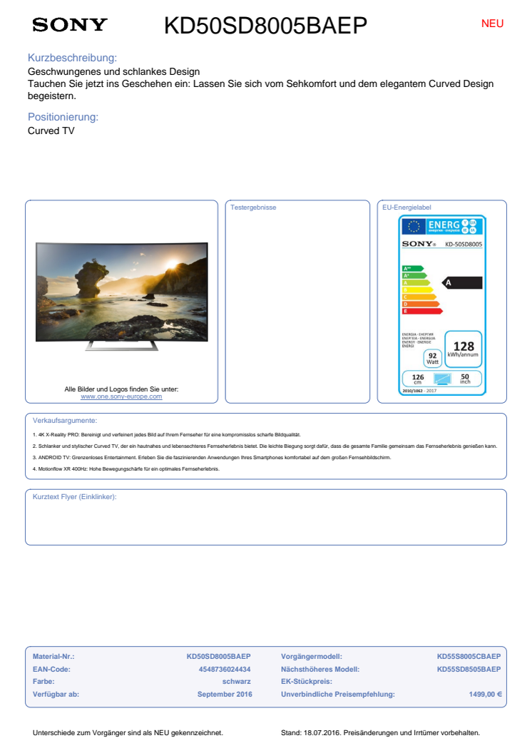 Datenblatt BRAVIA KD-50SD8005BAEP von Sony