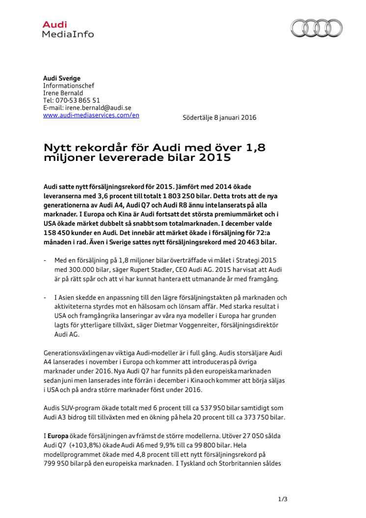 Nytt rekordår för Audi med över 1,8  miljoner levererade bilar 2015
