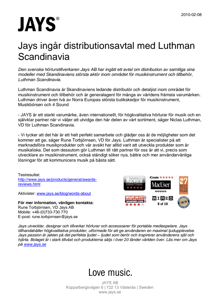 Jays ingår distributionsavtal med Luthman Scandinavia