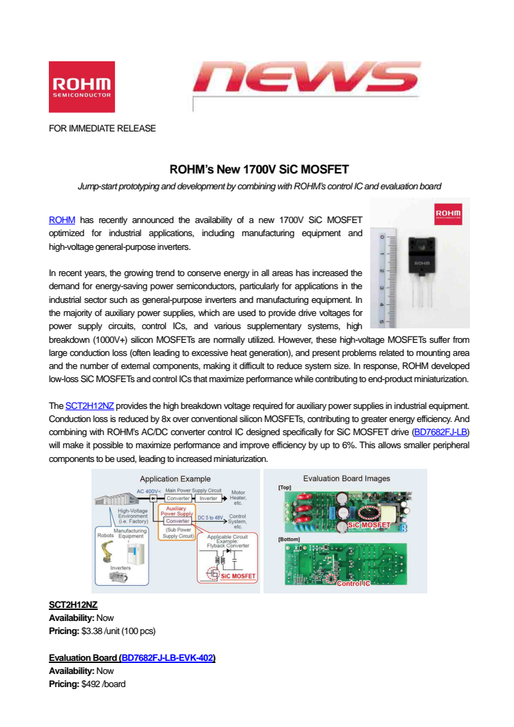 ROHM’s New 1700V SiC MOSFET --- Jump-start prototyping and development by combining with ROHM’s control IC and evaluation board