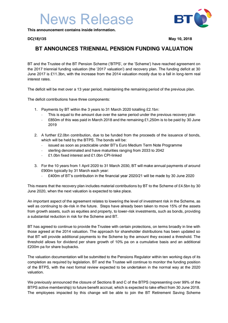 BT  announces triennial pension funding valuation 