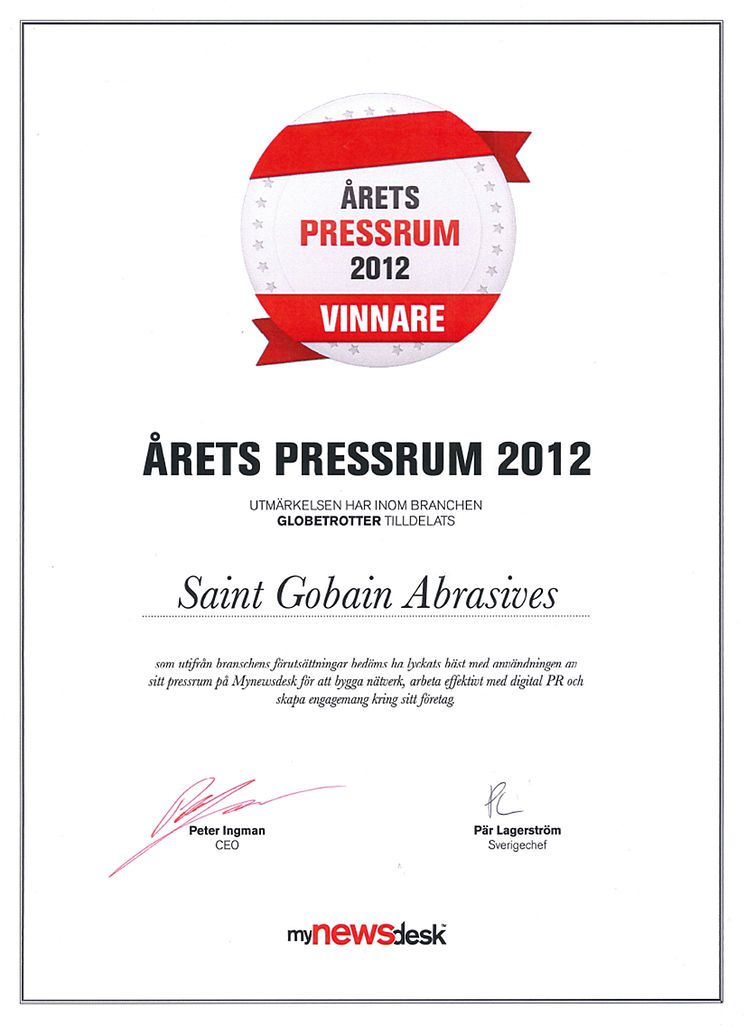 Saint-Gobain Abrasives vinder Årets Presserum 2012