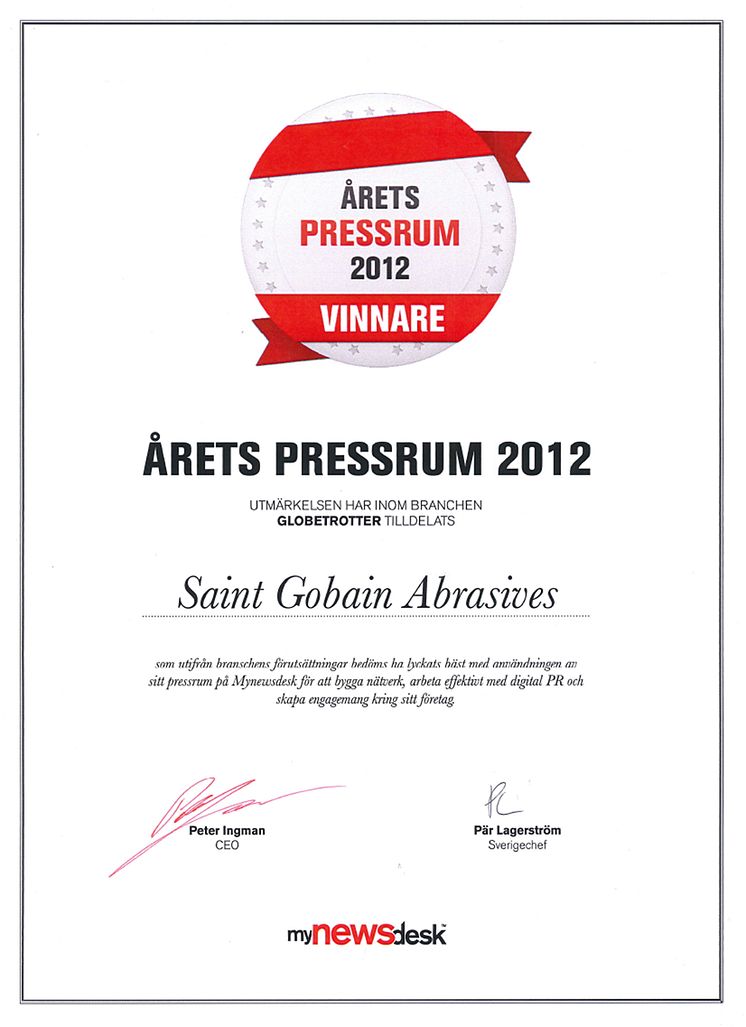 Saint-Gobain Abrasives vinnare av Årets Pressrum 2012 - Diplom