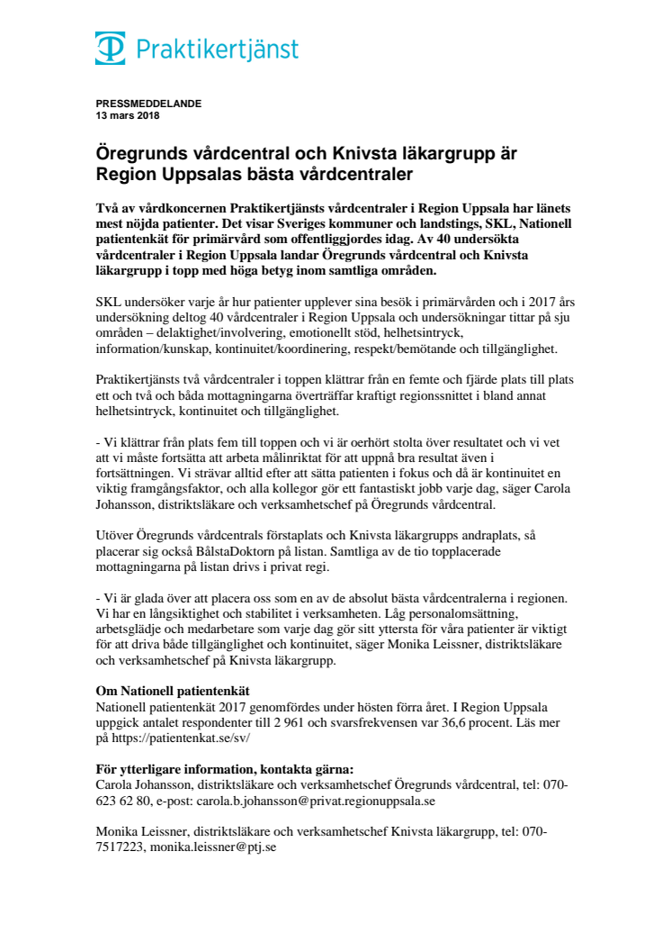 Öregrunds vårdcentral och Knivsta läkargrupp är Region Uppsalas bästa vårdcentraler