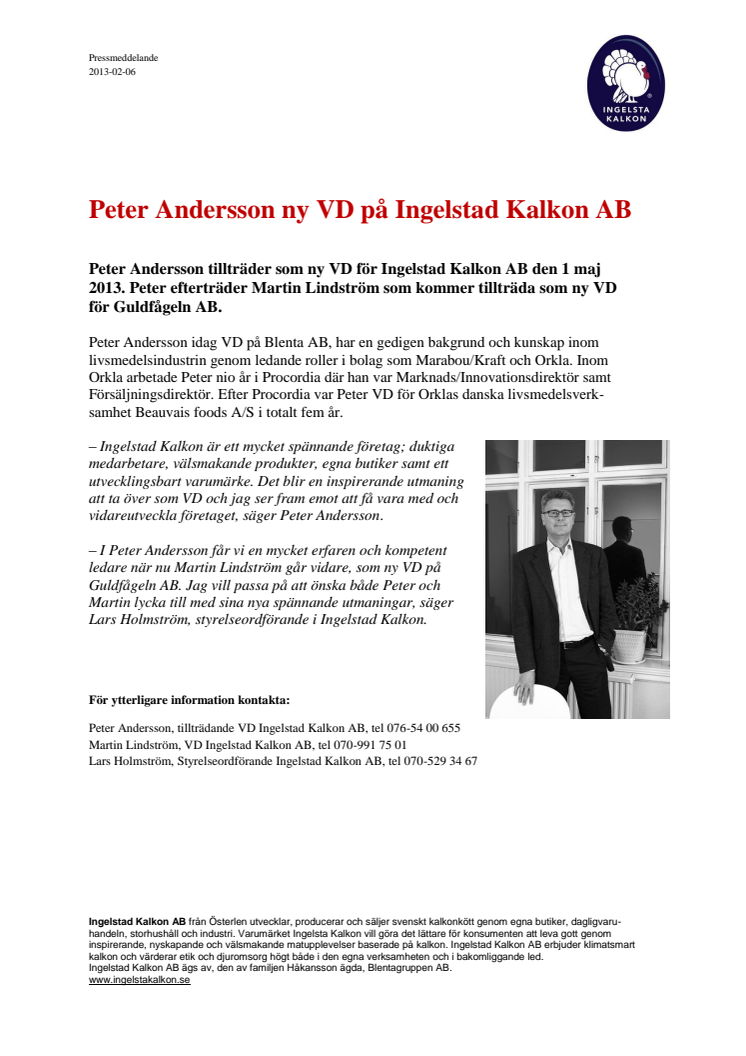 Peter Andersson ny VD på Ingelstad Kalkon AB