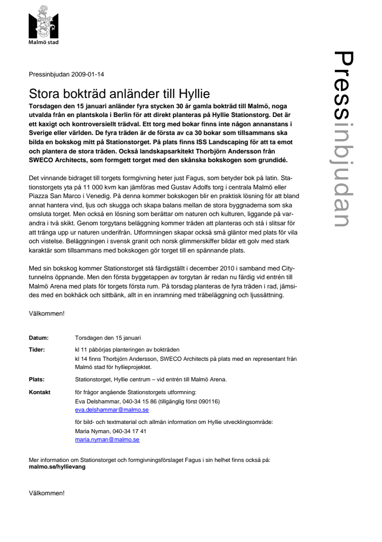 Pressinbjudan - Stora bokträd anländer till Hyllie