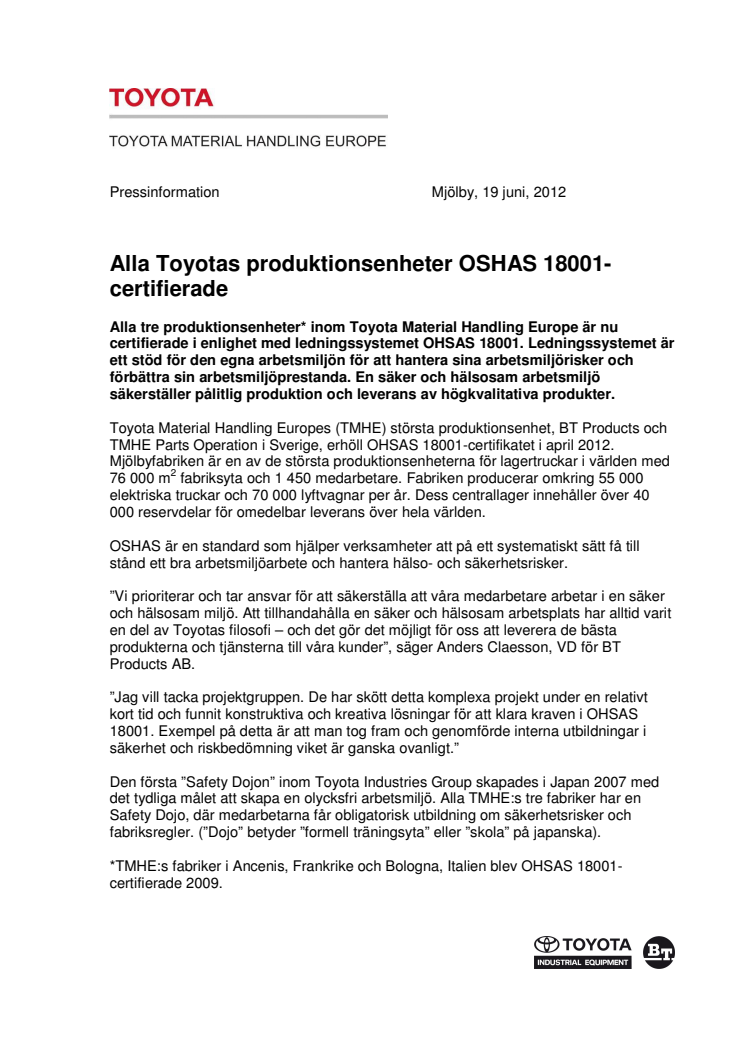 Alla Toyotas produktionsenheter OSHAS 18001-certifierade  
