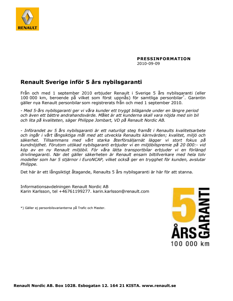 Renault Sverige inför 5 års nybilsgaranti