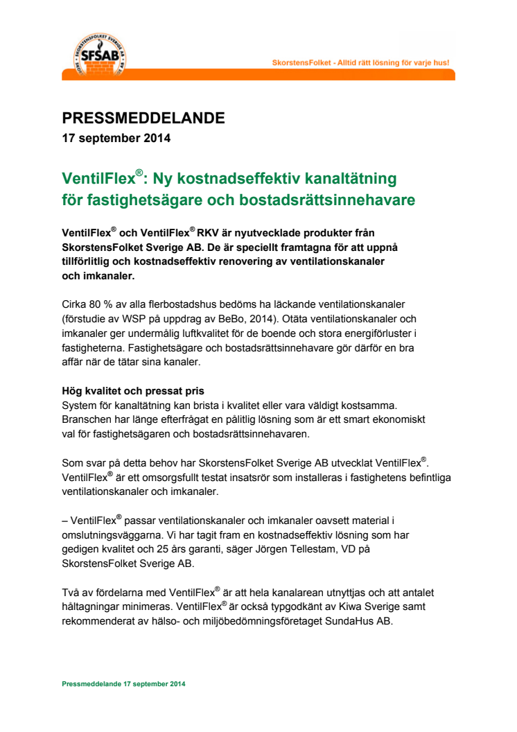 VentilFlex®: Ny kostnadseffektiv kanaltätning för fastighetsägare och bostadsrättsinnehavare