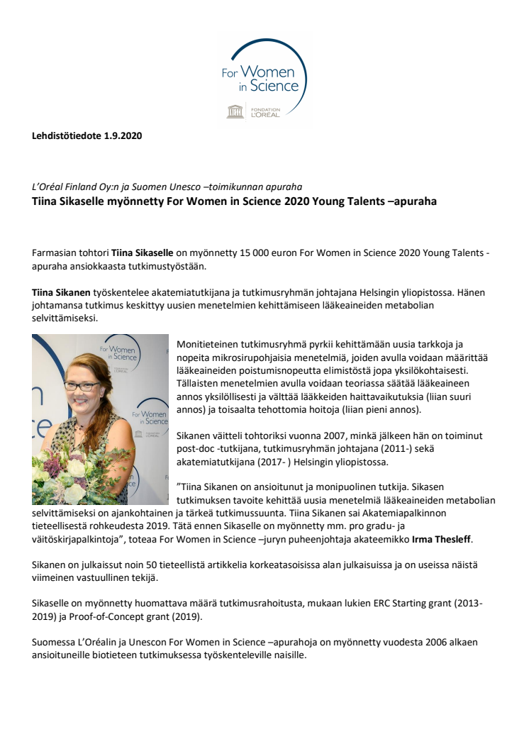 Tiina Sikanen For Women in Science Young Talents -apurahan saaja.pdf