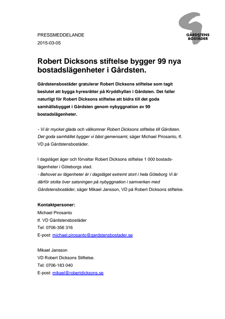 Robert Dicksons stiftelse bygger 99 nya bostadslägenheter i Gårdsten.