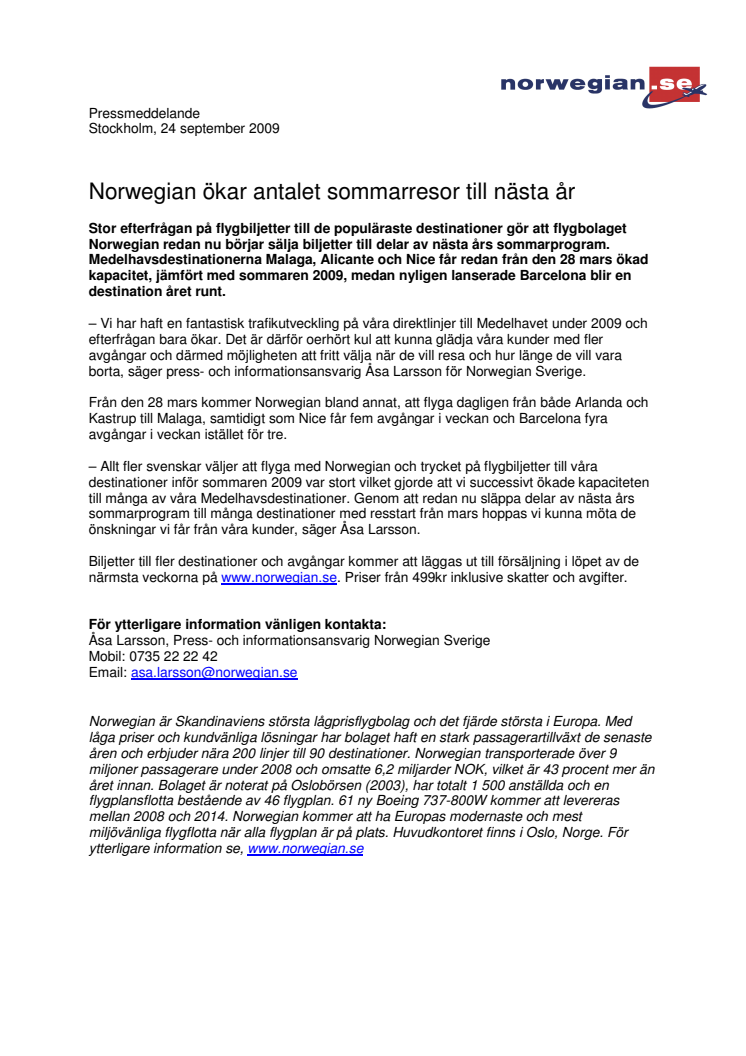 Norwegian ökar antalet sommarresor till nästa år