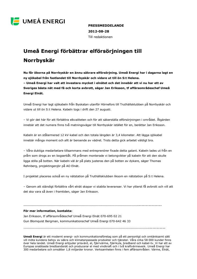 Umeå Energi förbättrar elförsörjningen till Norrbyskär