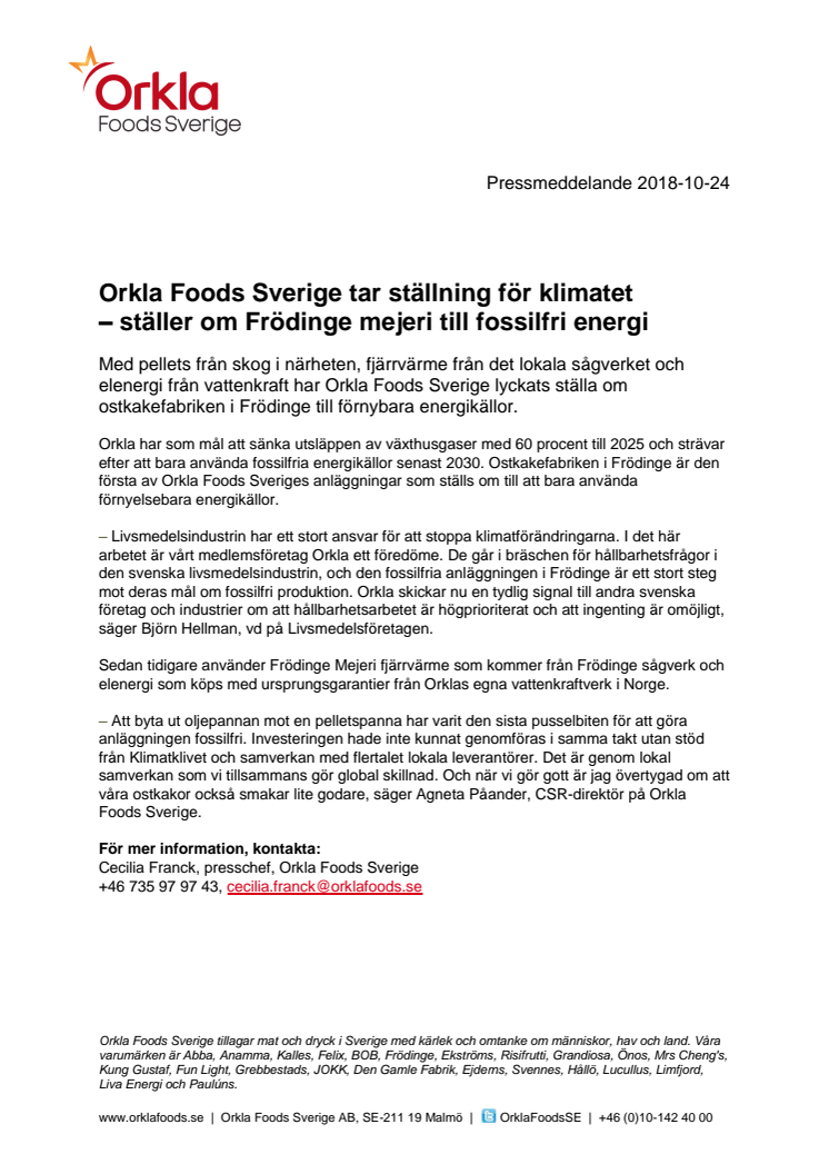 Orkla Foods Sverige tar ställning för klimatet – ställer om Frödinge mejeri till fossilfri energi