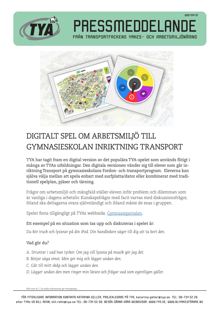 Digitalt spel om arbetsmiljö till gymnasieskolan inriktning Transport