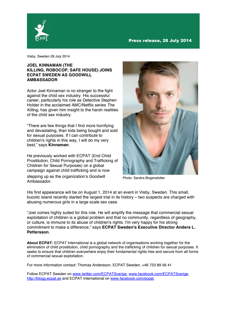 JOEL KINNAMAN (THE KILLING, ROBOCOP, SAFE HOUSE) JOINS ECPAT SWEDEN AS  GOODWILL AMBASSADOR | ECPAT Sverige