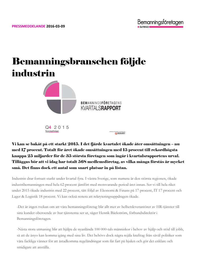 Kvartalsrapport Q4 2015: Bemanningsbranschen följde industrin