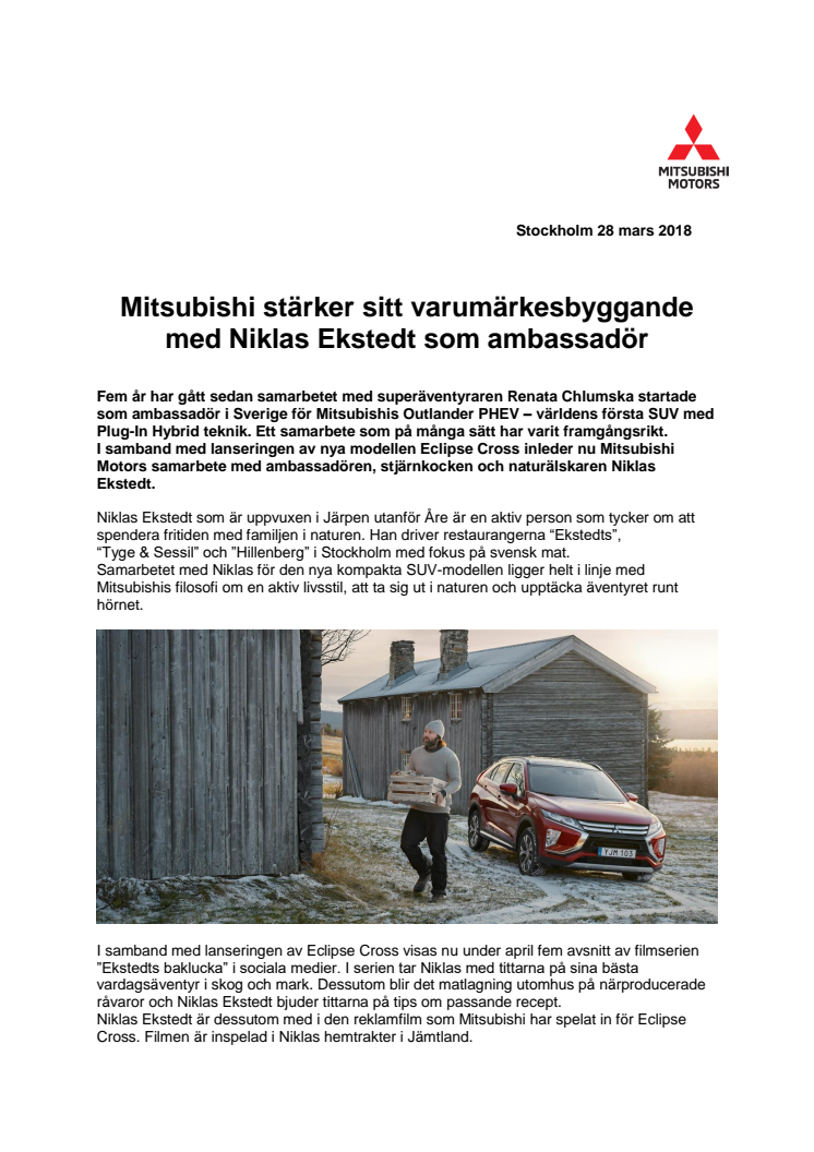 Mitsubishi stärker sitt varumärkesbyggande med Niklas Ekstedt som ambassadör 
