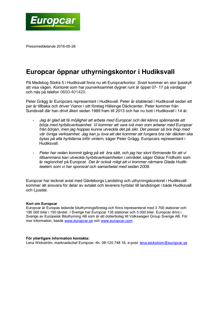 Europcar öppnar uthyrningskontor i Hudiksvall