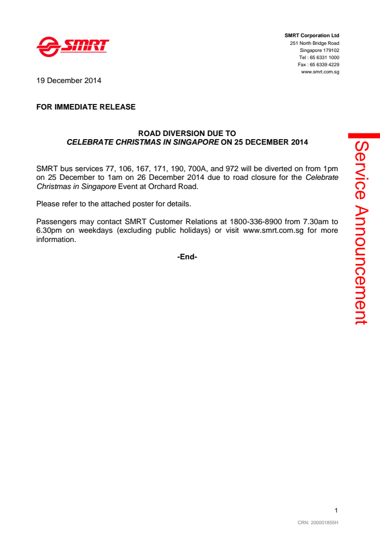 Road Diversion due to Celebrate Christmas in Singapore on 25 December 2014