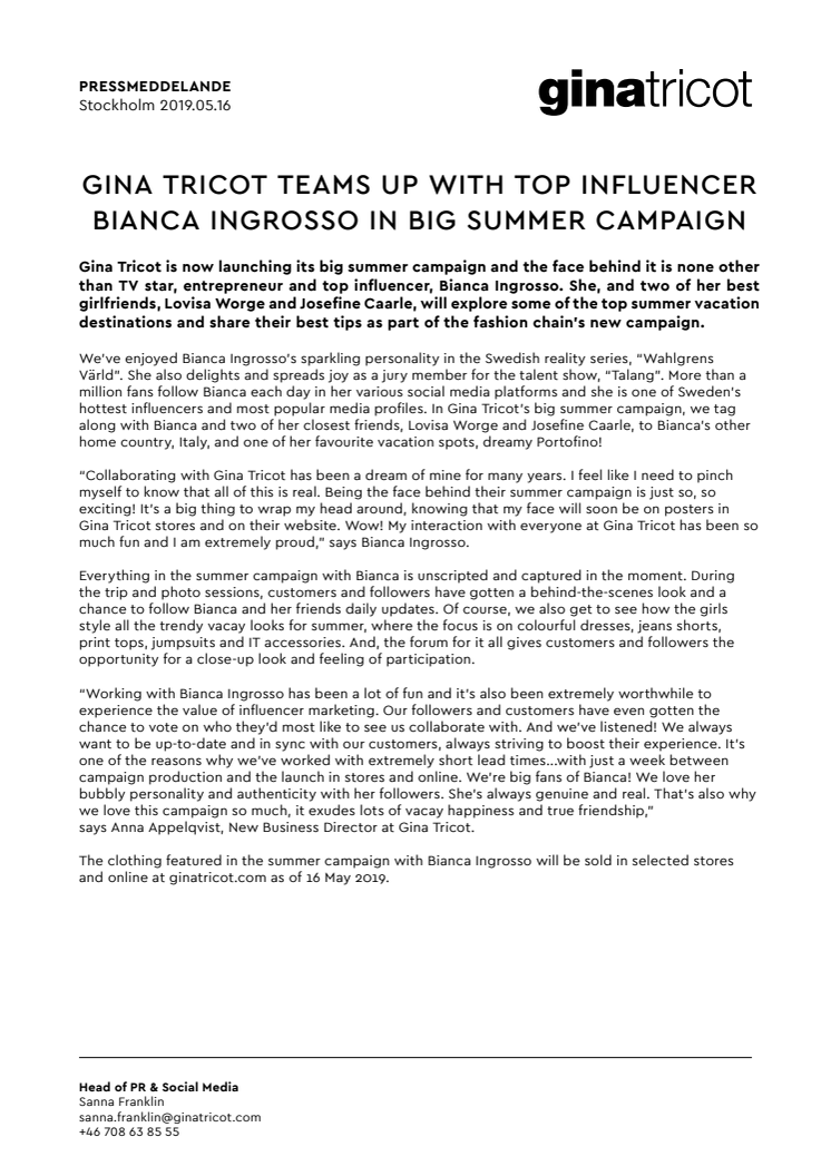 GINA TRICOT TEAMS UP WITH TOP INFLUENCER BIANCA INGROSSO IN BIG SUMMER CAMPAIGN