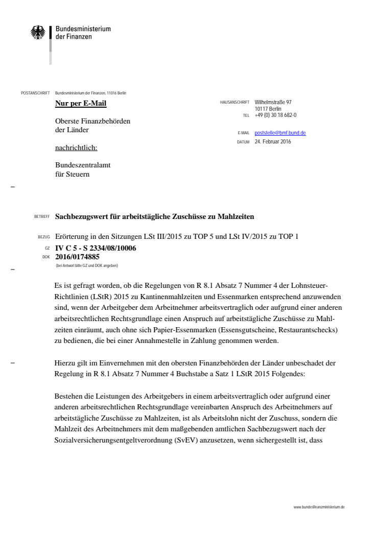 Klarstellung durch das Bundesministerium der Finanzen: Sachbezugswert für arbeitstägliche Zuschüsse zu Mahlzeiten zulässig