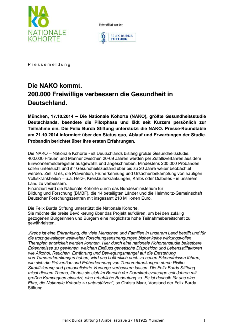 Presse-Roundtable: Die NAKO kommt. 200.000 Freiwillige verbessern die Gesundheit in Deutschland.