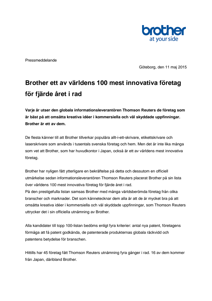Brother ett av världens 100 mest innovativa företag för fjärde året i rad