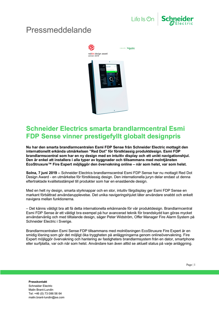 Schneider Electrics smarta brandlarmcentral Esmi FDP Sense vinner prestigefyllt globalt designpris