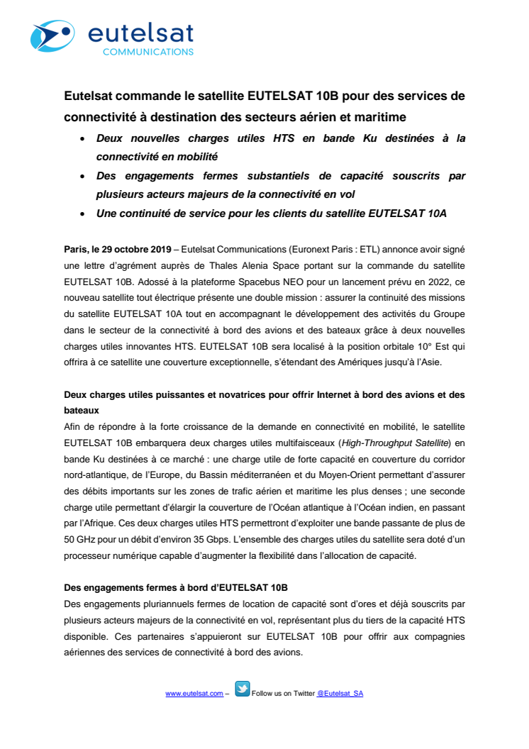 Eutelsat commande le satellite EUTELSAT 10B pour des services de connectivité à destination des secteurs aérien et maritime