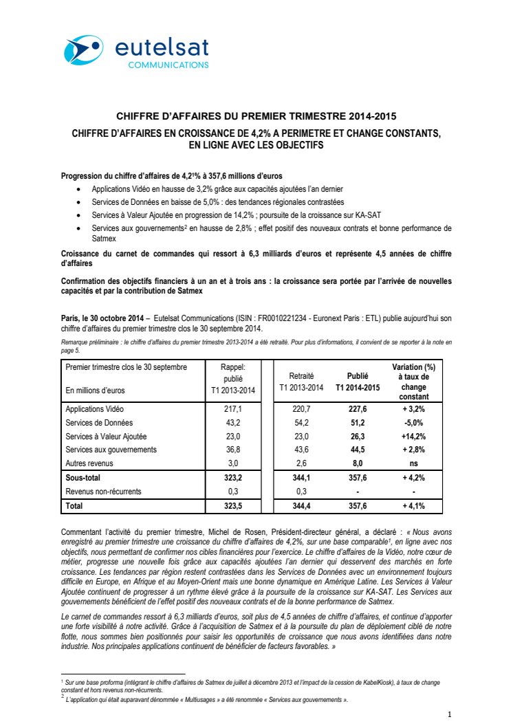 Chiffre d’affaires du premier trimestre 2014-2015 