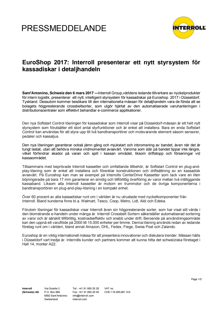 EuroShop 2017: Interroll presenterar ett nytt styrsystem för kassadiskar i detaljhandeln