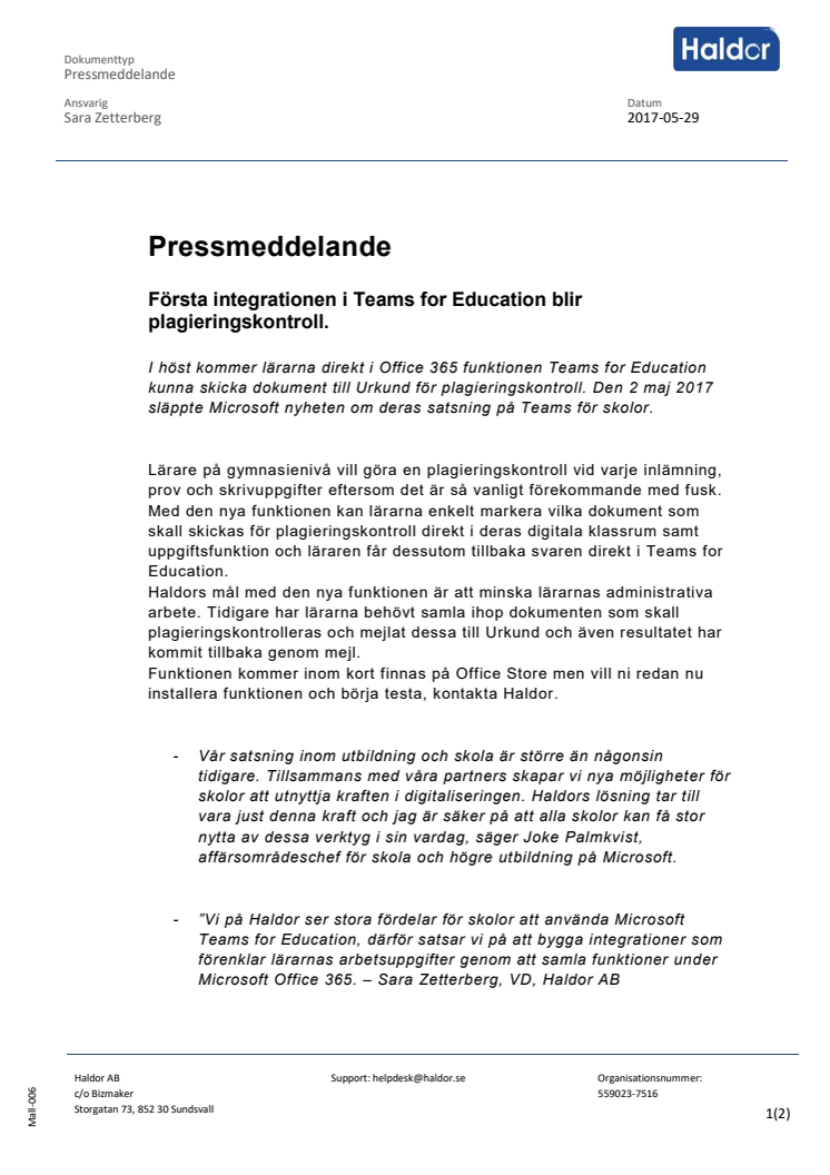 Första integrationen i Teams for Education blir plagieringskontroll.