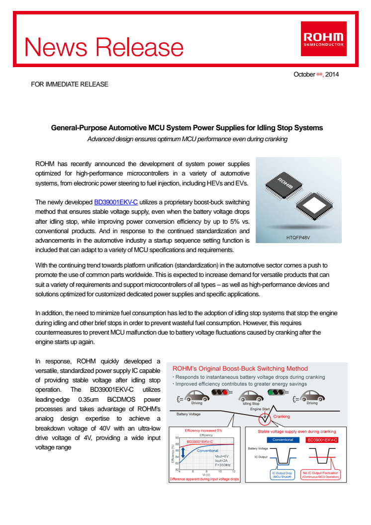 General-Purpose Automotive MCU System Power Supplies for Idling Stop Systems - Advanced design ensures optimum MCU performance even during cranking -