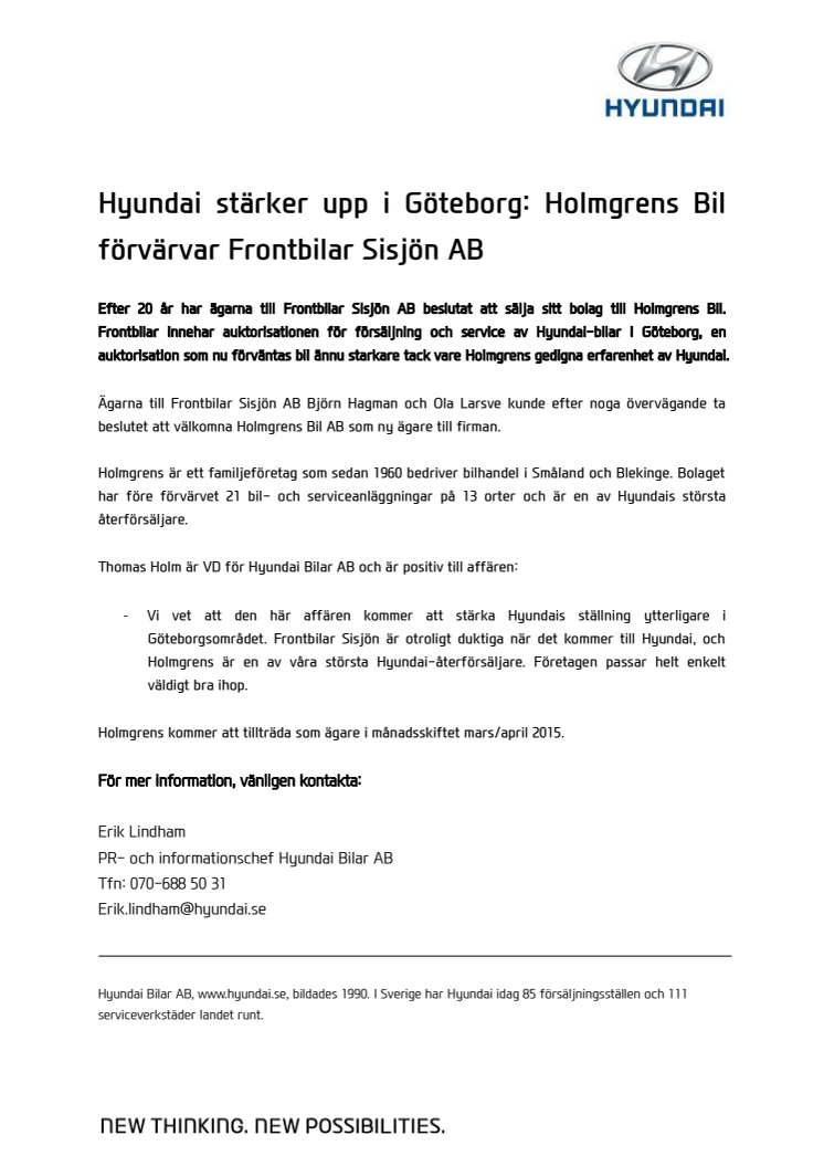 Hyundai stärker upp i Göteborg: Holmgrens Bil förvärvar Frontbilar Sisjön AB