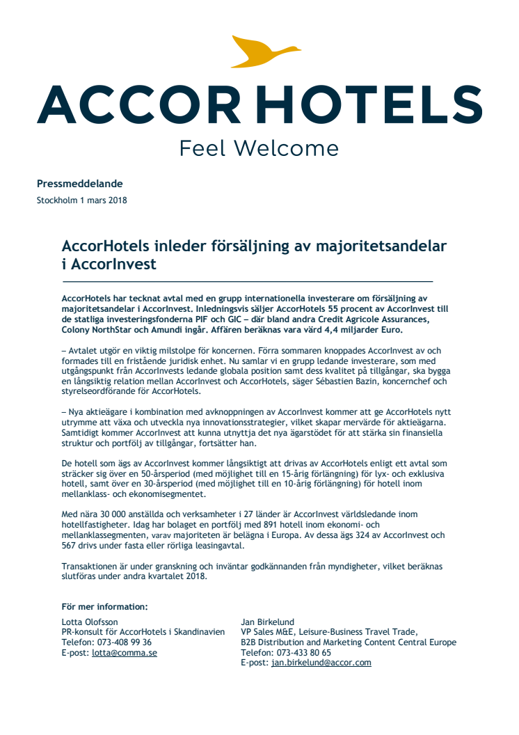 ​AccorHotels inleder försäljning av majoritetsandelar i AccorInvest