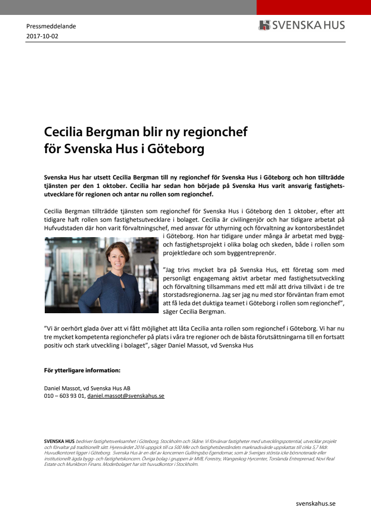 Cecilia Bergman ny regionchef för Svenska Hus i Göteborg