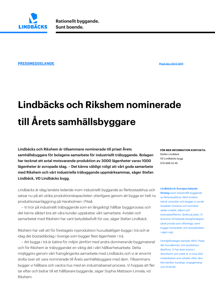 Lindbäcks och Rikshem nominerade till Årets samhällsbyggare