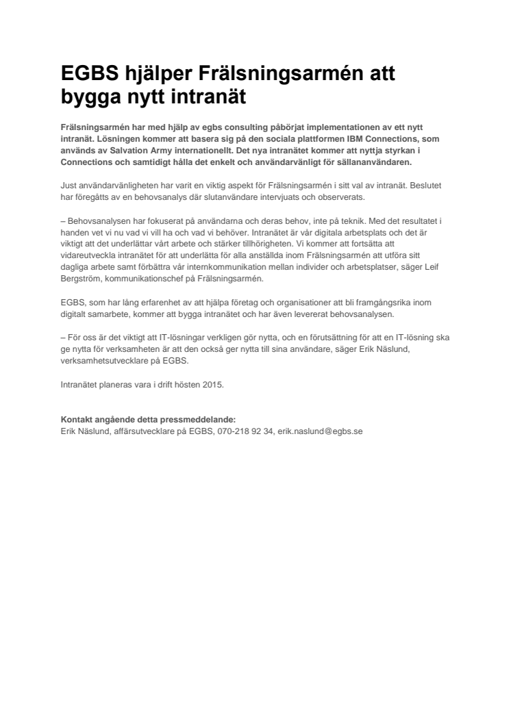 EGBS hjälper Frälsningsarmén att bygga nytt intranät