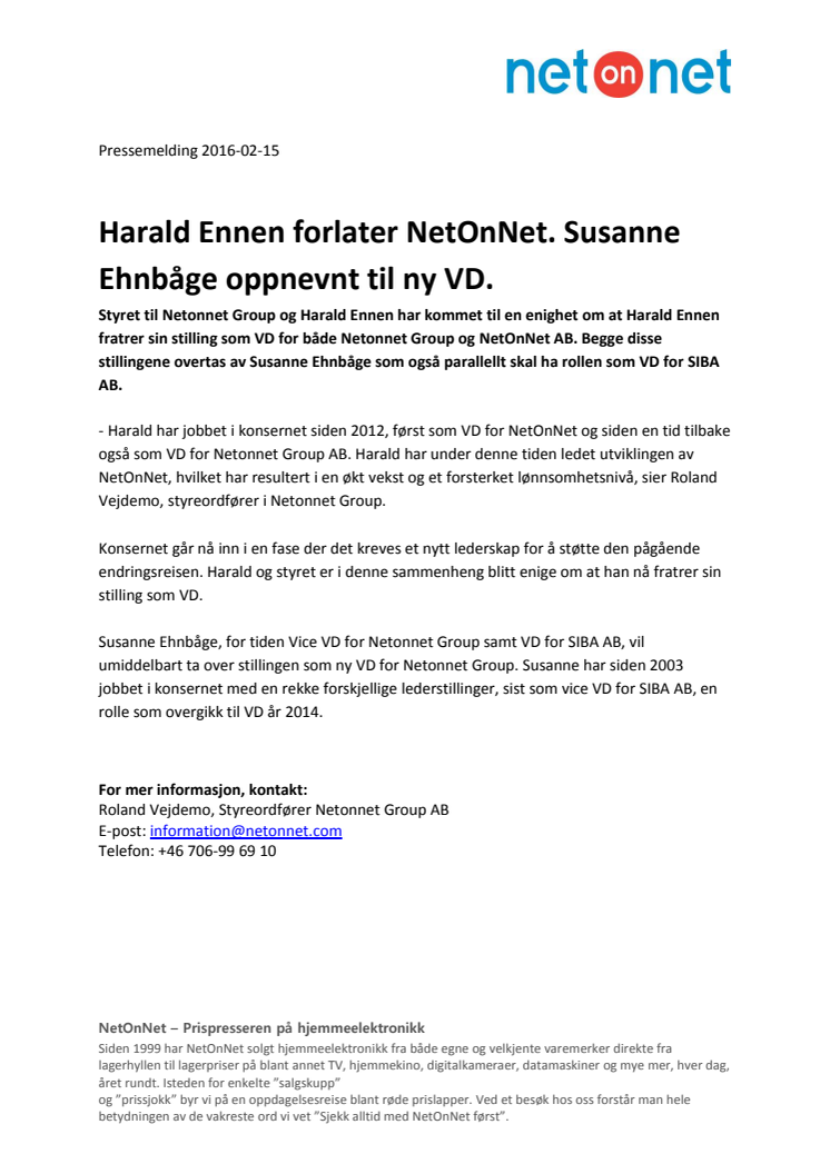 Harald Ennen forlater NetOnNet. Susanne Ehnbåge oppnevnt til ny VD.