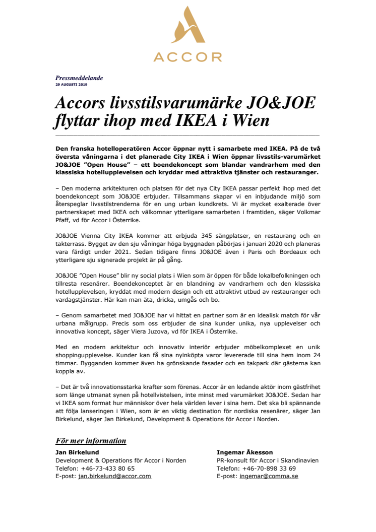  Accors livsstilsvarumärke JO&JOE flyttar ihop med IKEA i Wien