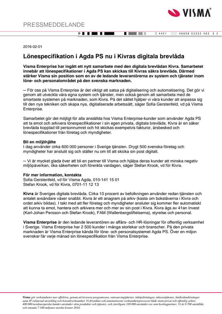 Lönespecifikation i Agda PS nu i Kivras digitala brevlåda