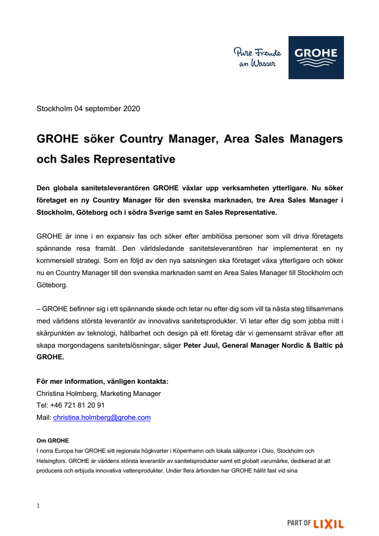 GROHE söker Country Manager, Area Sales Managers och Sales Representative