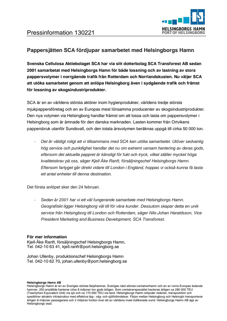 Pappersjätten SCA fördjupar samarbetet med Helsingborgs Hamn 