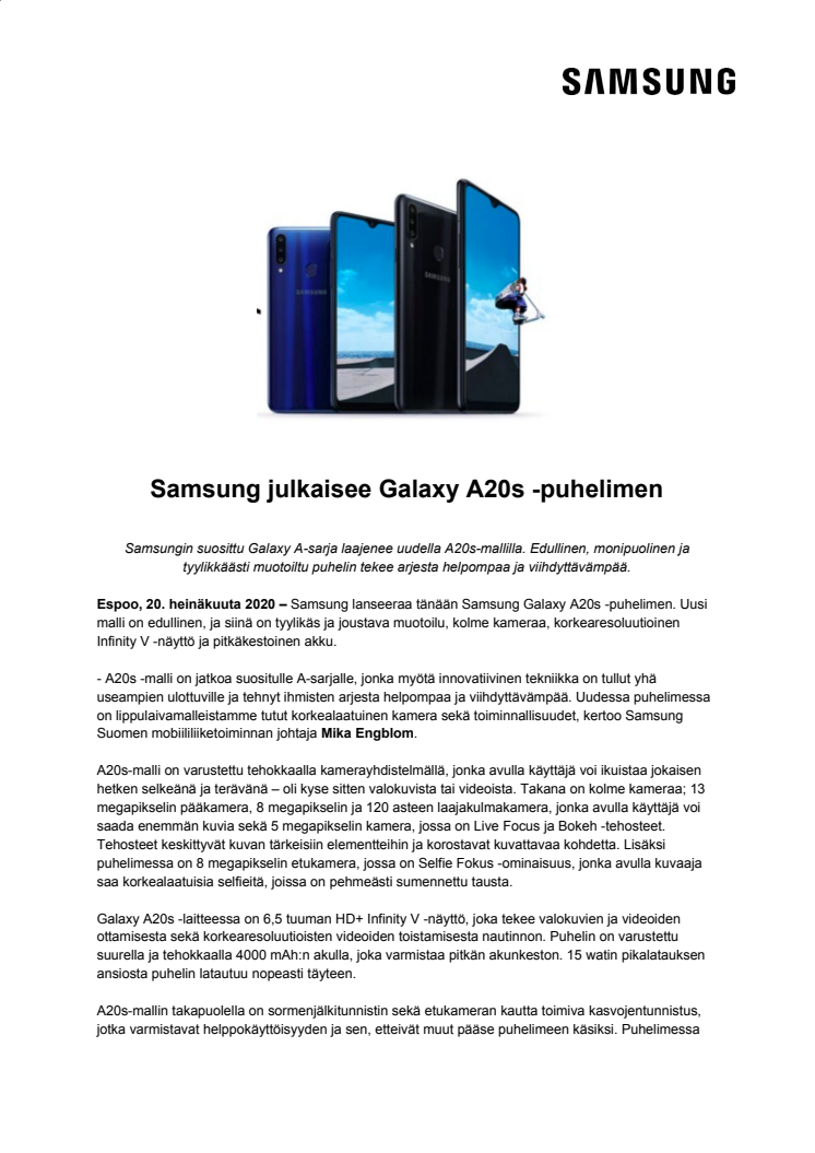 Samsung julkaisee Galaxy A20s -puhelimen