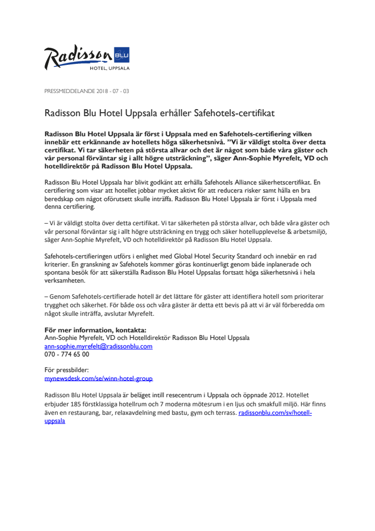 Radisson Blu Hotel Uppsala erhåller Safehotels-certifikat